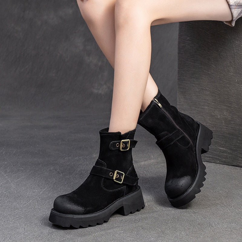 Women Vintage Nubuck Buckle Platform Boots-RAIIFY