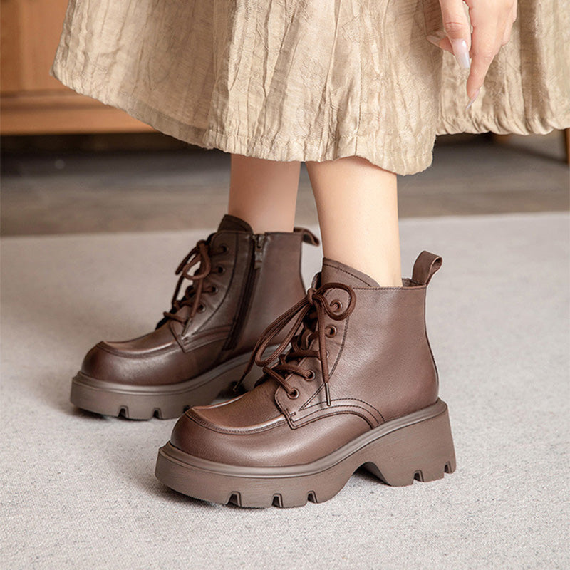 Women Retro Solid Leather Thick Soled Casual Boots-RAIIFY