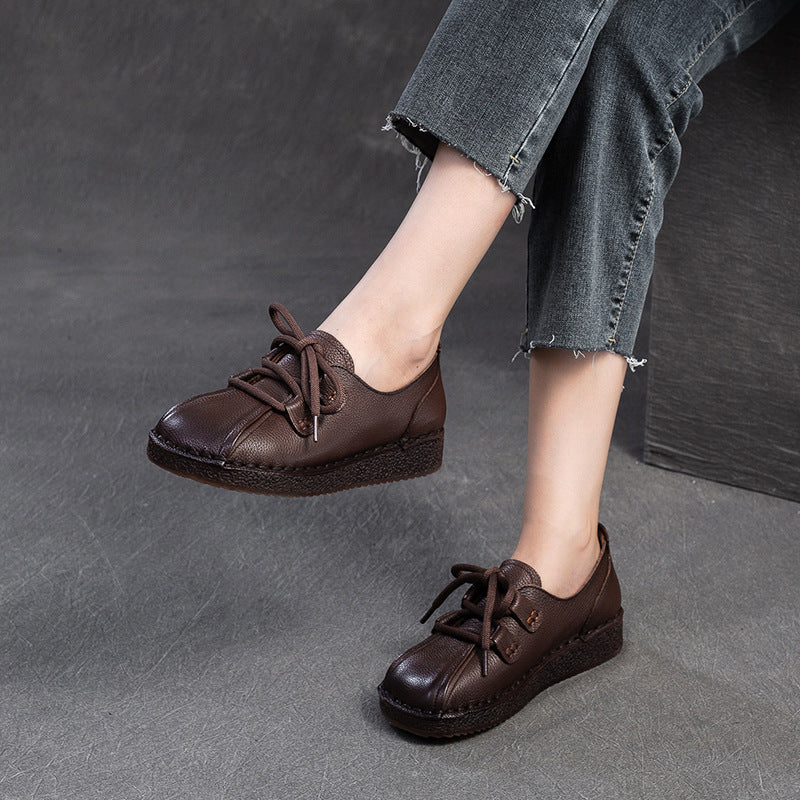 Women Retro Solid Leather Soft Flat Casual Shoes-RAIIFY