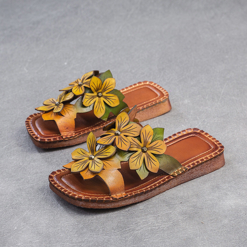 Women Retro Casual Flower Leather Flat Slides-RAIIFY
