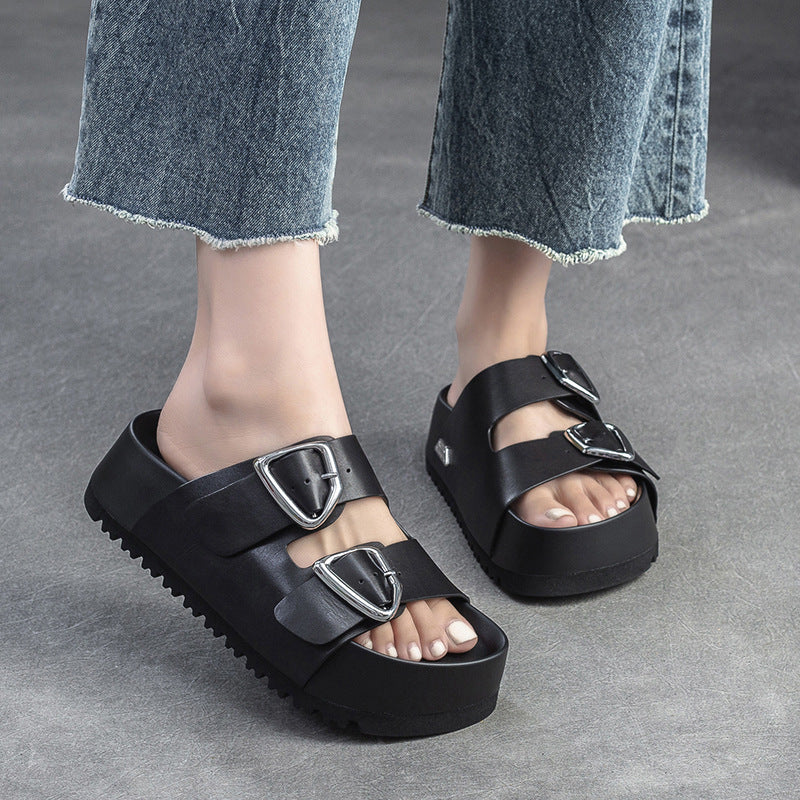 Women Soft Leather Thick Soled Casual Slides Sandals-RAIIFY