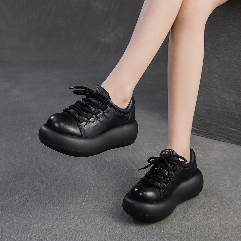 Women Retro Solid Leather Thick Soled Casual Shoes-RAIIFY