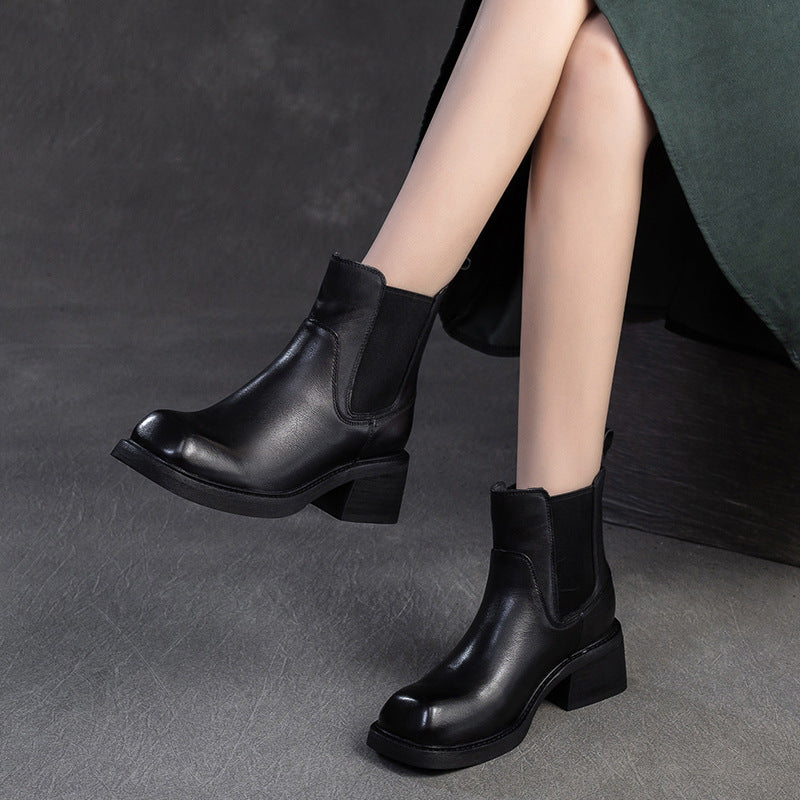 Women Vintage Solid Leather Casual Ankle Boots-RAIIFY