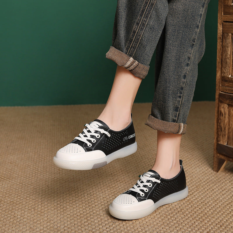 Women's Fashion Hollow Leather Flat Casual Shoes-RAIIFY