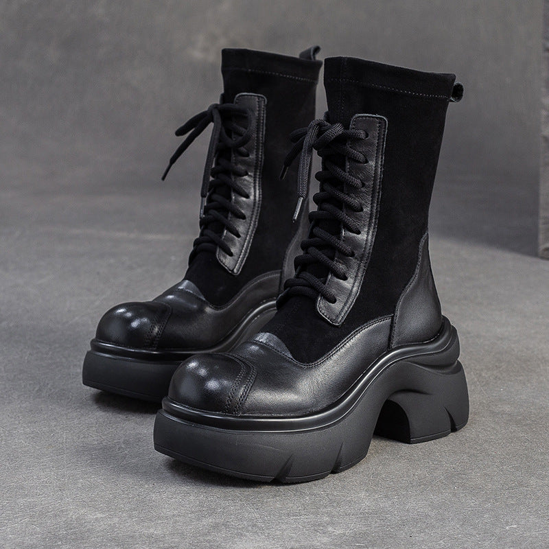 Women's Casual Leather Mid-Calf Platform Boots-RAIIFY