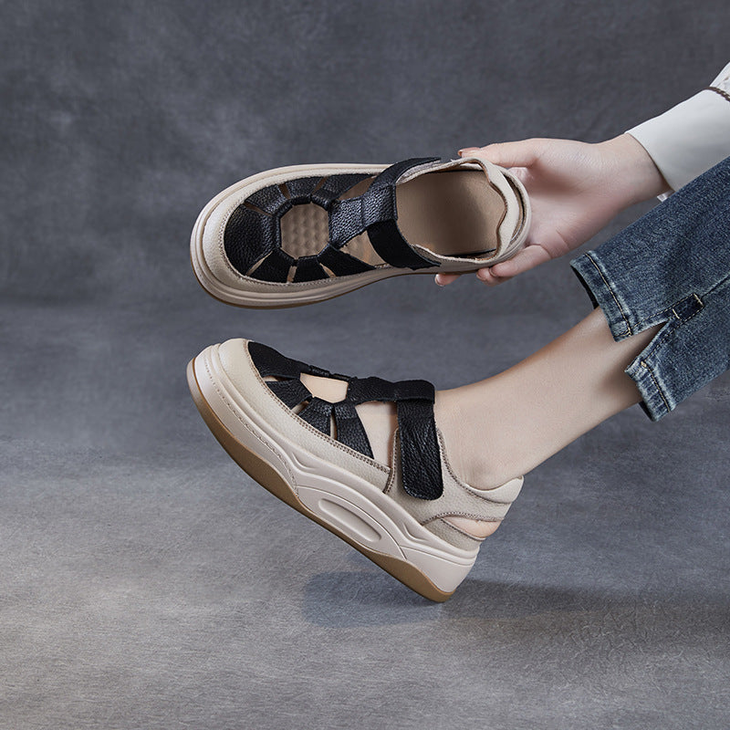 Women Plain Leather Round Head Platform Casual Sandals-RAIIFY