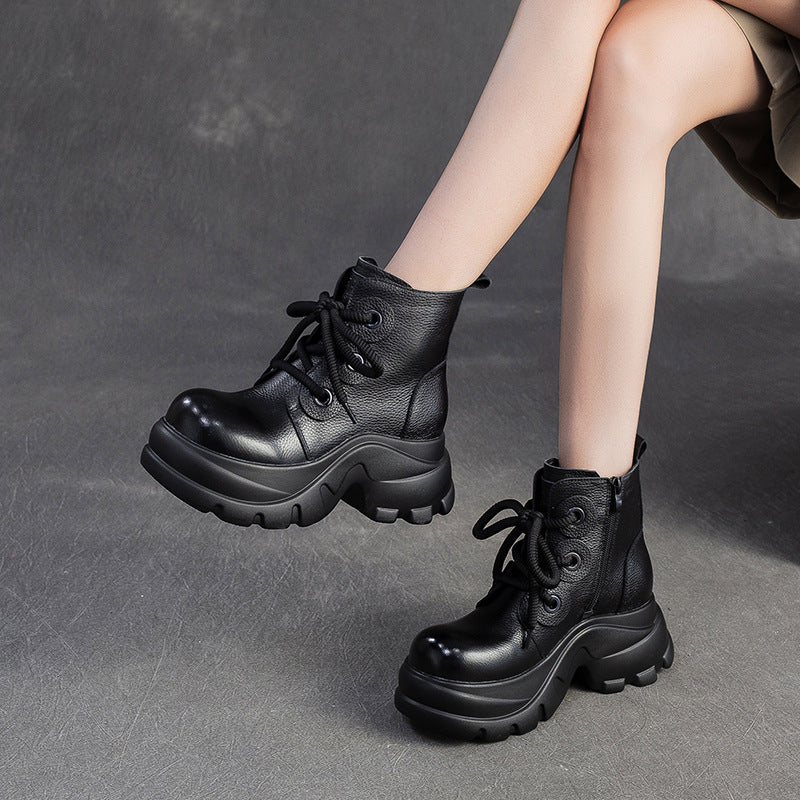 Women's Retro Plain Leather Platform Motorcycle Boots-RAIIFY
