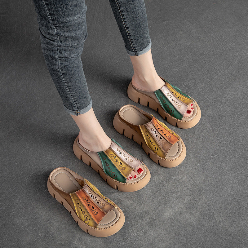 Women's Fashion Color Matching Leather Platform Slides-RAIIFY