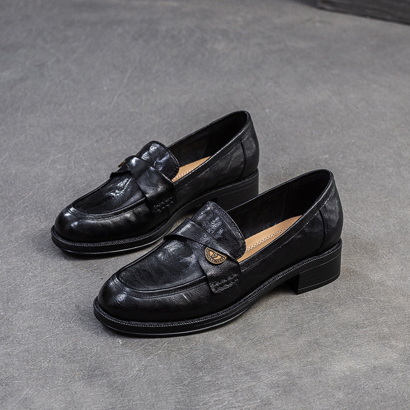 Women Leather Casual Low Block Retro Loafers-RAIIFY