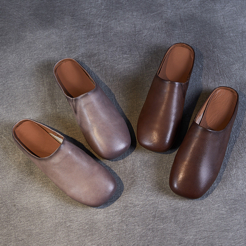 Women Retro Minimalist Leather Soft Flat Mules-RAIIFY