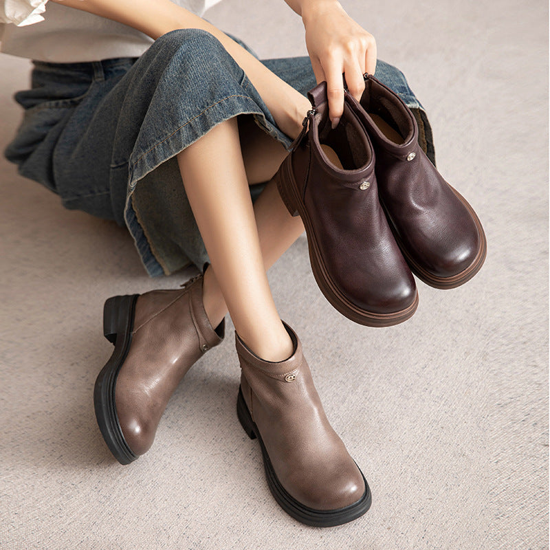 Women Retro Solid Leather Casual Ankle Boots-RAIIFY