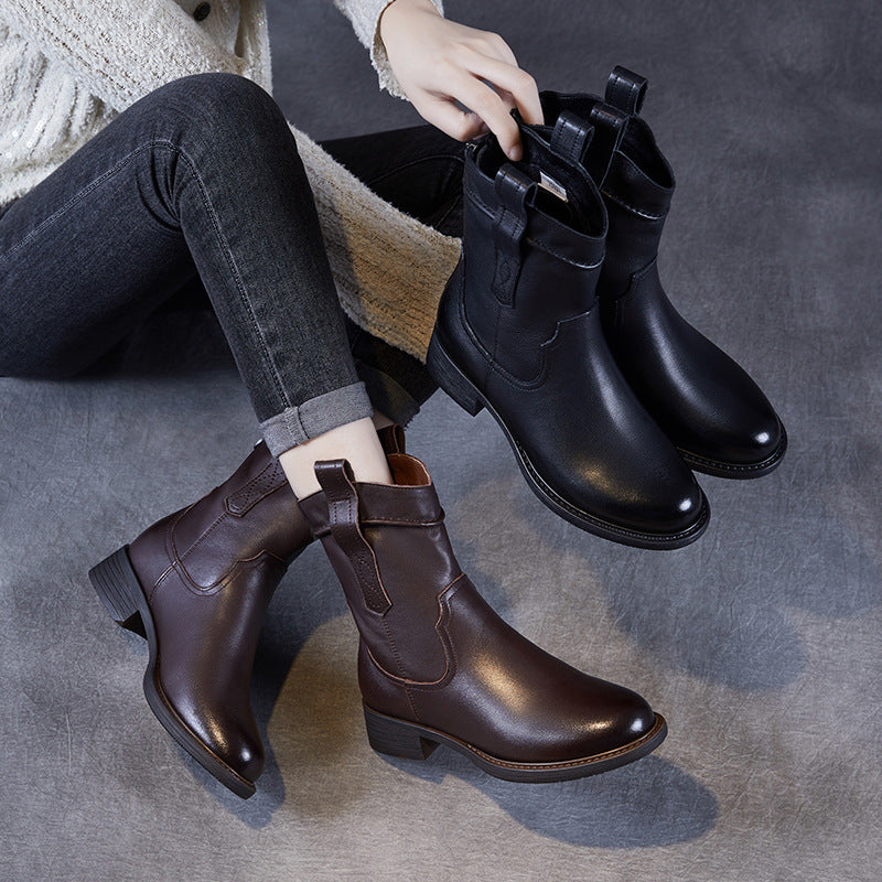 Women Vintage Comfort Solid Leather Pointed Toe Boots-RAIIFY