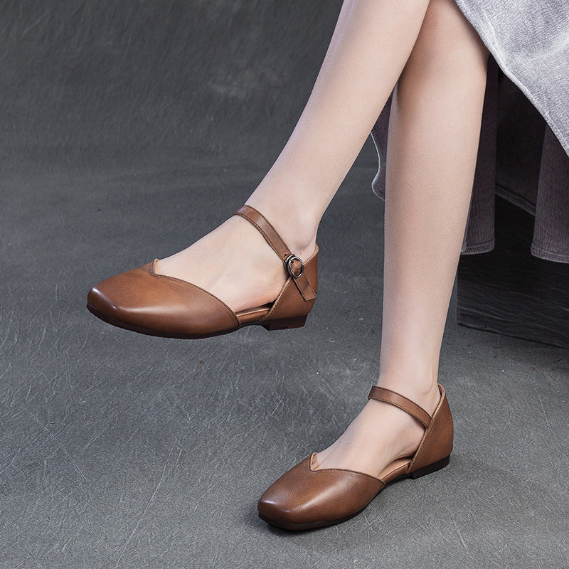 Women Plain Leather Flat Casual Sandals-RAIIFY