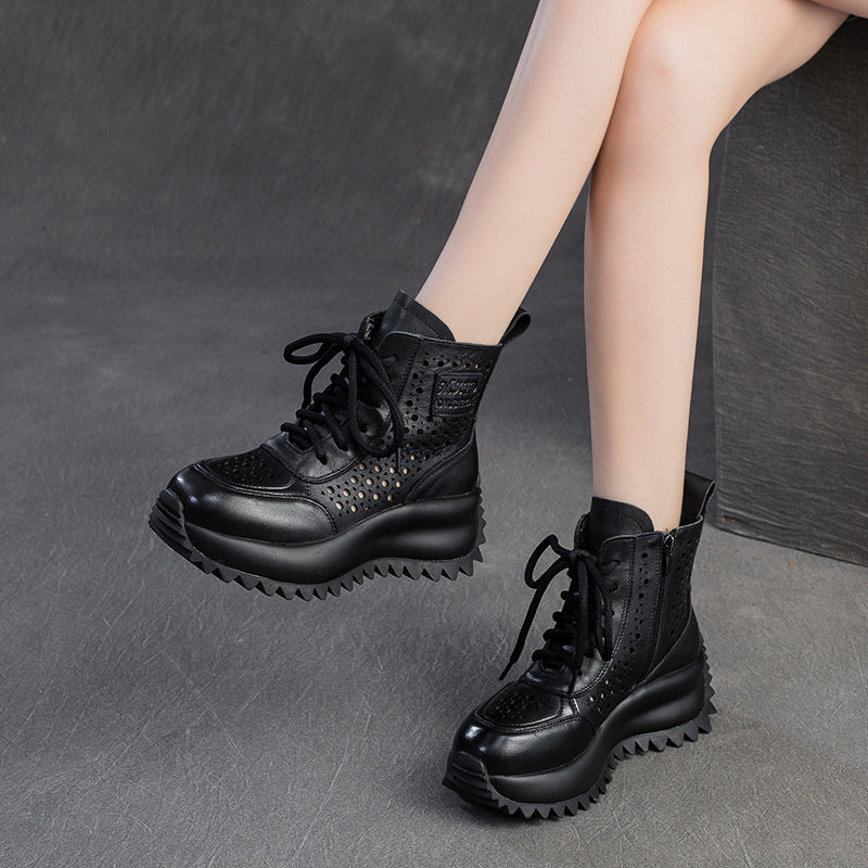 Women Retro Hollow Leather Thick Lug Sole Boots-RAIIFY