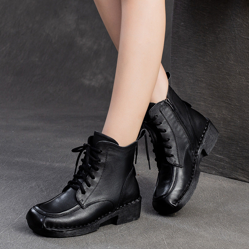 Women Retro Leather Squared Head Casual Ankle Boots-RAIIFY