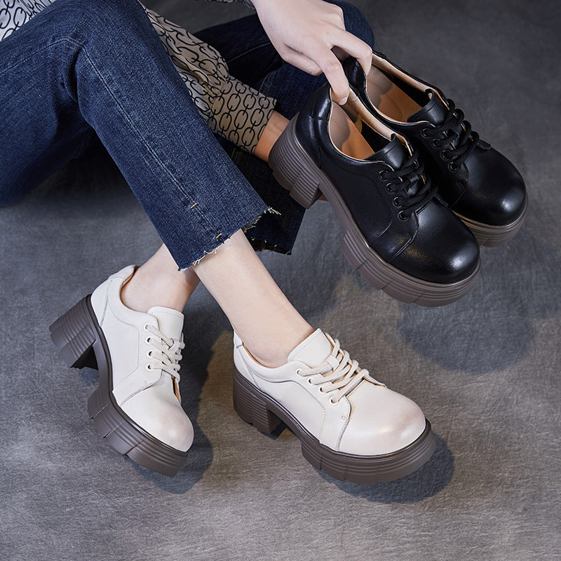 Women Minimalism Solid Leather Round Head Mary Jane Shoes-RAIIFY