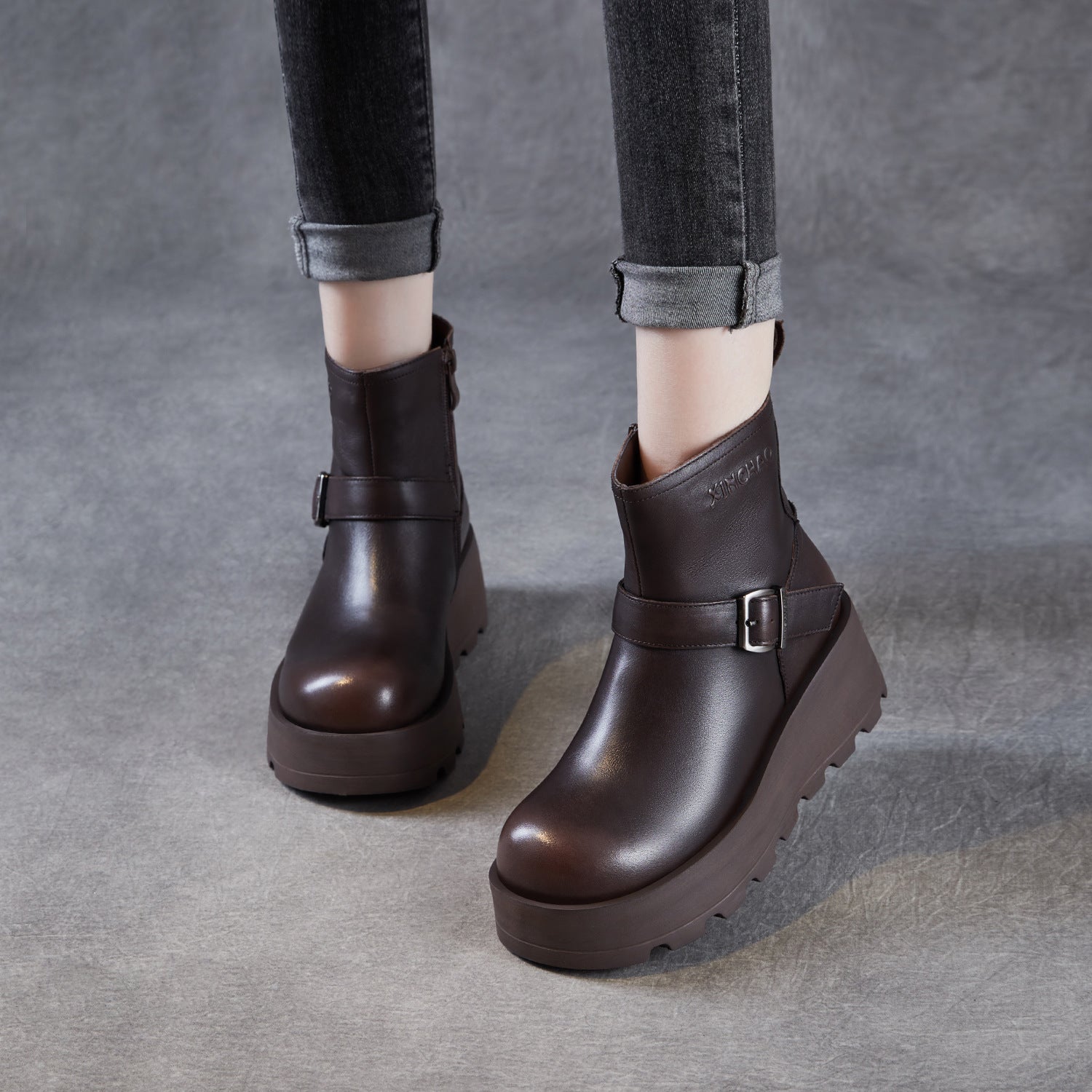 Women's Vintage Plain Leather Chunky Platform Ankle Boots-RAIIFY