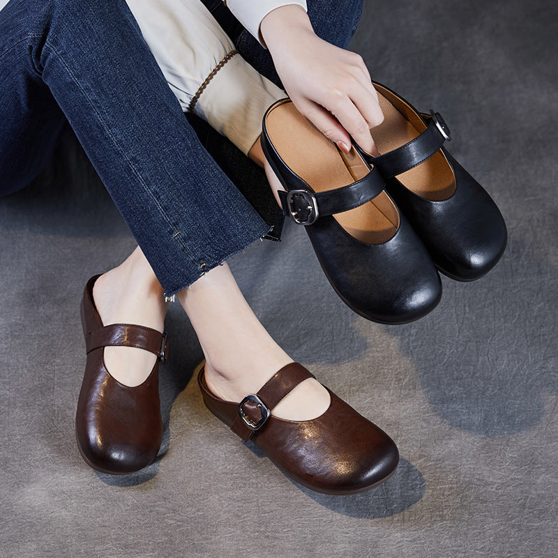 Women Vintage Plain Leather Flat Mules-RAIIFY