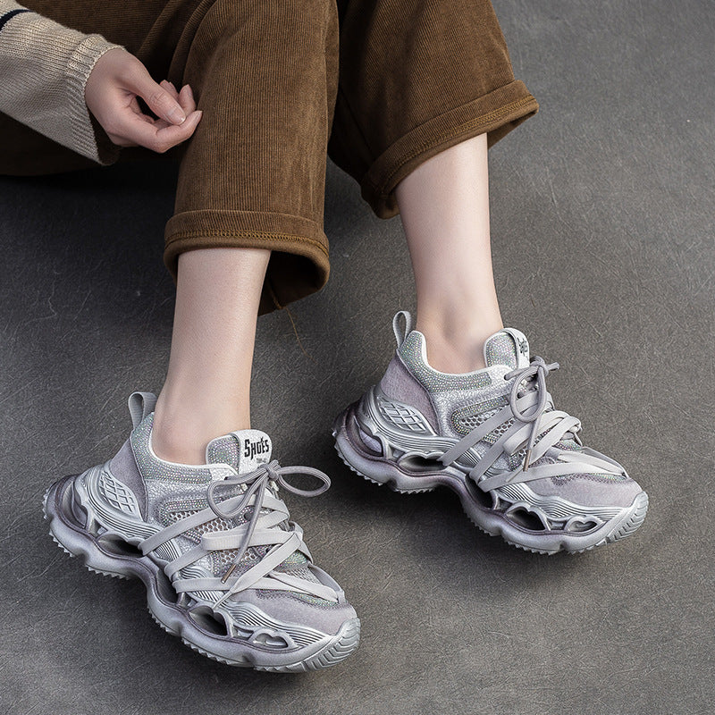 Women Rhinestone Breathable Mesh Platform Thick Sole Sneakers-RAIIFY