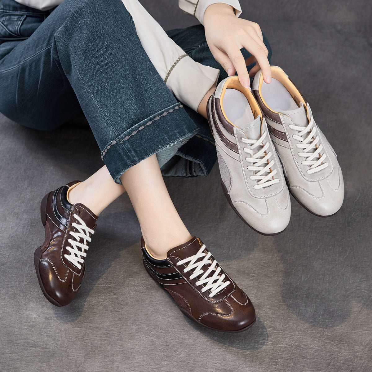 Women's Vintage Leather Flat Training Casual Shoes-RAIIFY