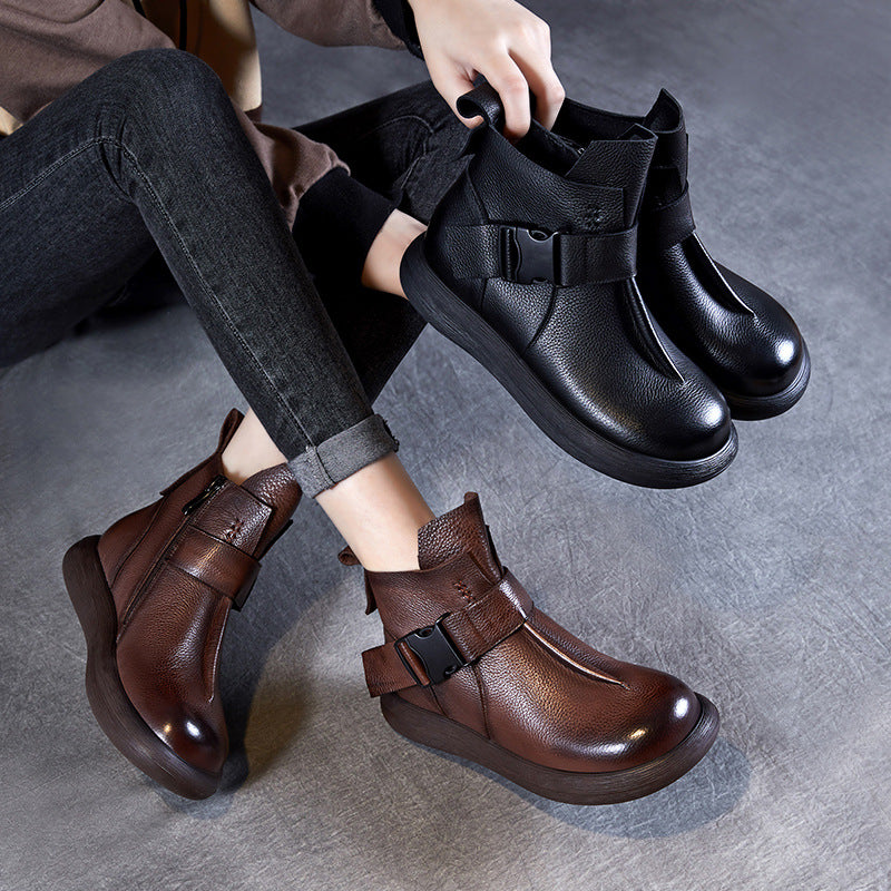 Women Retro Soft Leather Buckler Flat Ankle Boots-RAIIFY