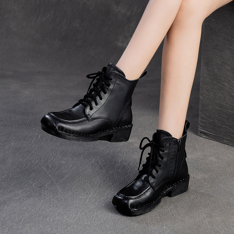 Women Retro Leather Squared Head Casual Ankle Boots-RAIIFY