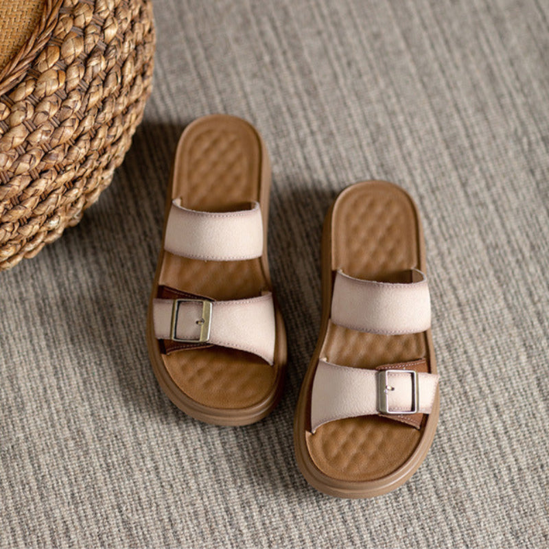 Women's Plain Leather Summer Casual Slides-RAIIFY