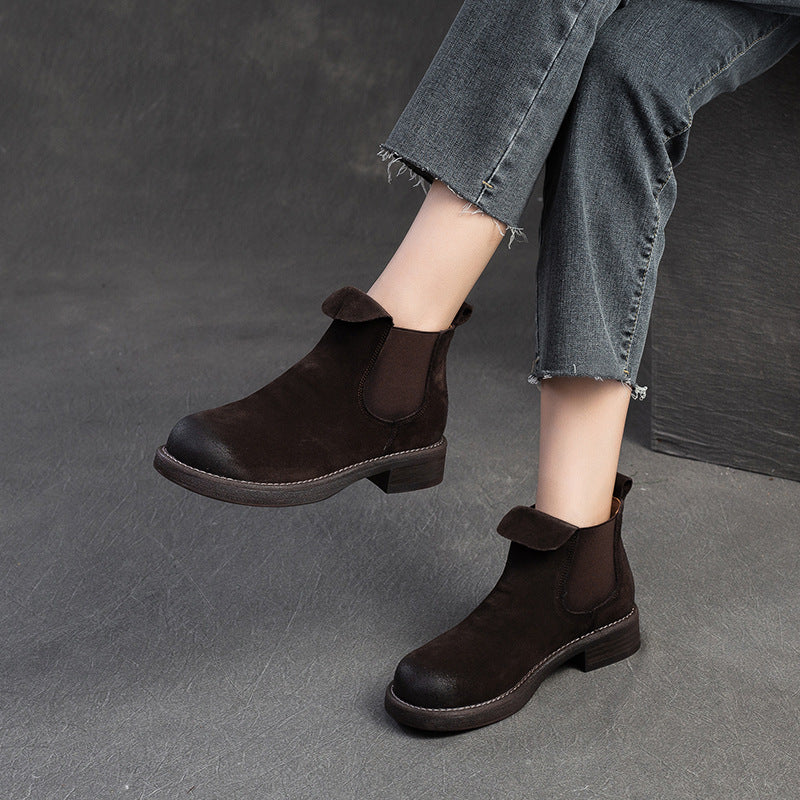 Women Retro Solid Nubuck Leather Casual Ankle Boots-RAIIFY