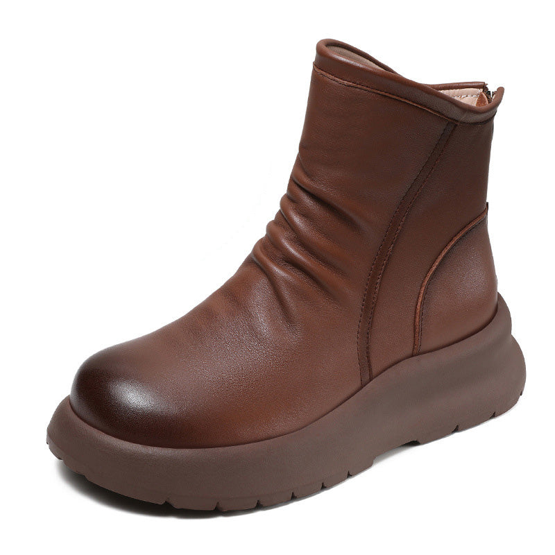 Women Retro Solid Leather Soft Casual Boots-RAIIFY