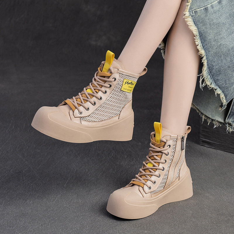 Women Breathable Mesh Leather Casual Platform Boots-RAIIFY