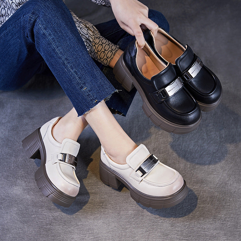 Women Simple Solid Leather Chunky Heel Loafers-RAIIFY