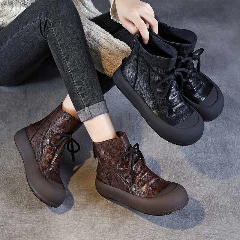 Women Soft Leather Flat Thick Soled Casual Ankle Boots-RAIIFY