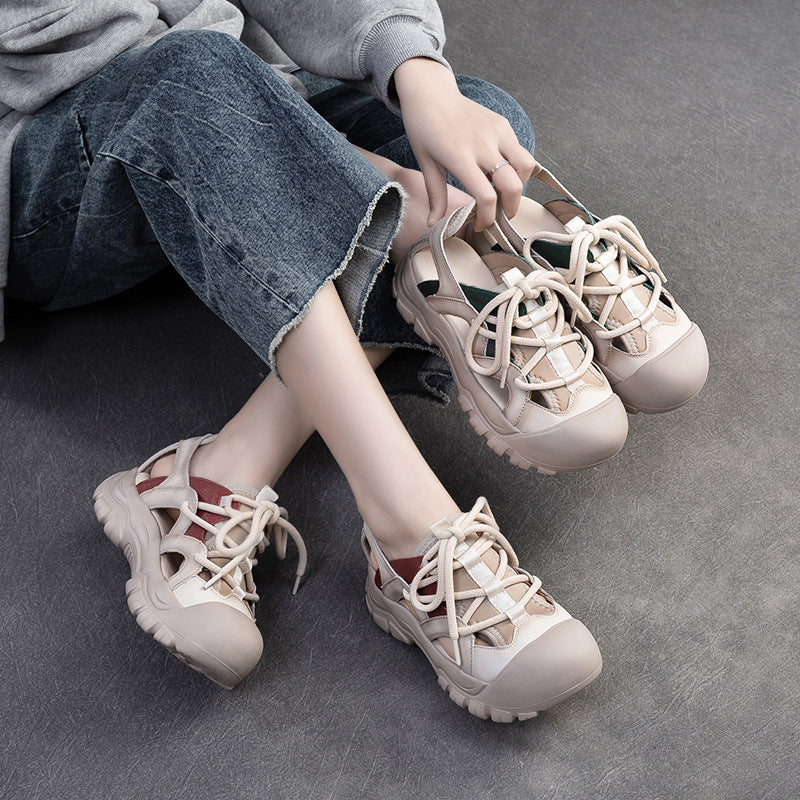 Women Summer Hollow Leather Soft Lace-up Sandals-RAIIFY