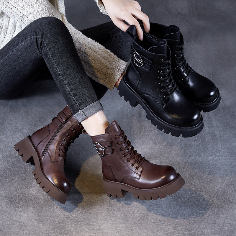 Women Vintage Solid Leather Low Block Buckle Boots-RAIIFY