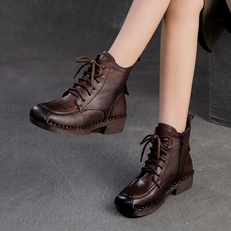 Women Retro Leather Squared Head Casual Ankle Boots-RAIIFY