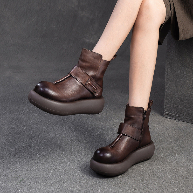 Women Vintage Solid Leather Casual Platform Boots-RAIIFY