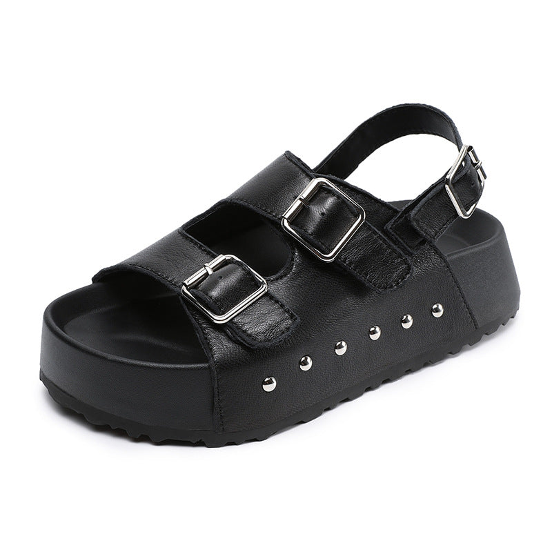 Women Summer Plain Leather Buckle Casual Sandals-RAIIFY