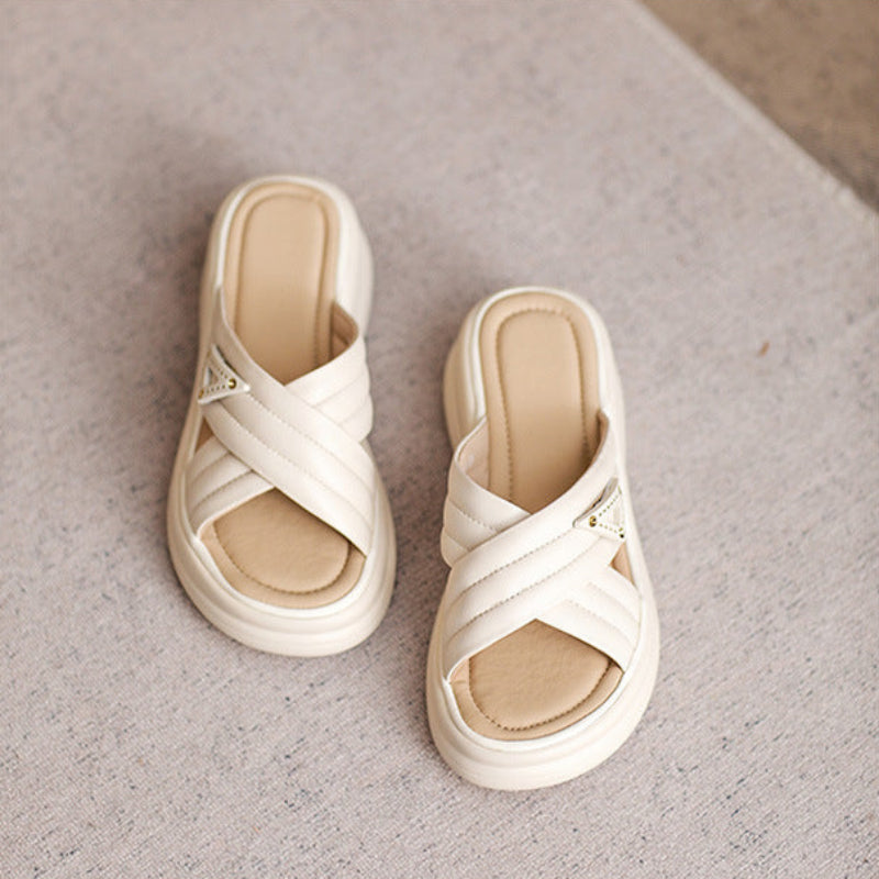 Women's Fashion Plain Leather Casual Slides-RAIIFY