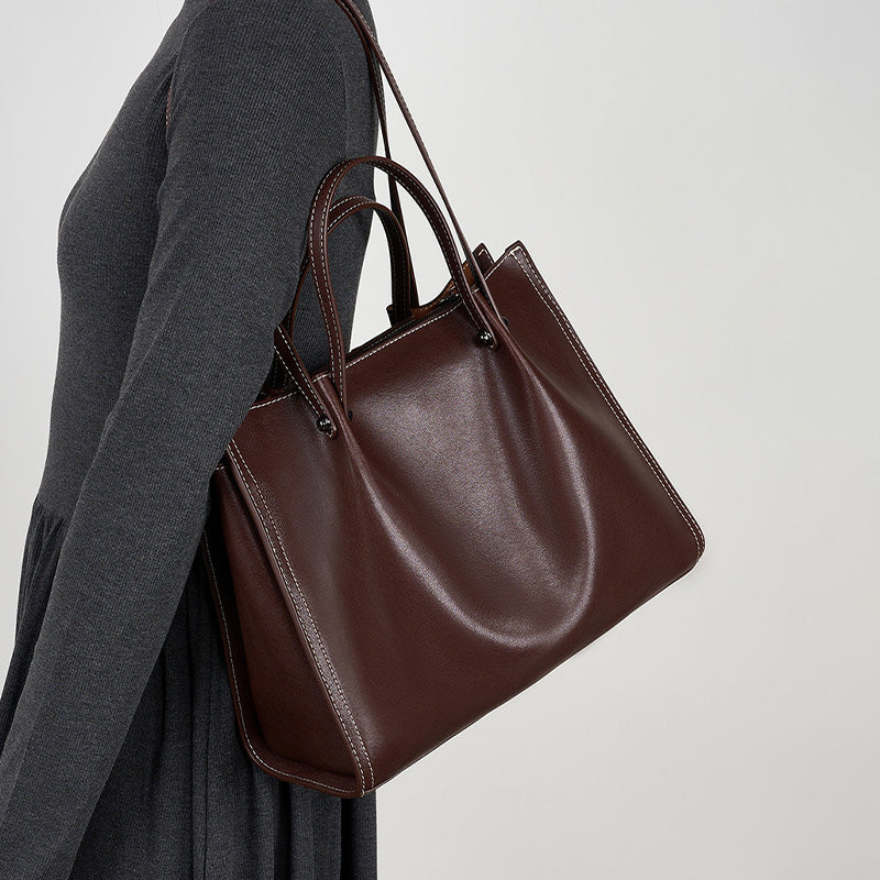 Women Retro Minimalist Leather Tote Shoulder Bag-RAIIFY
