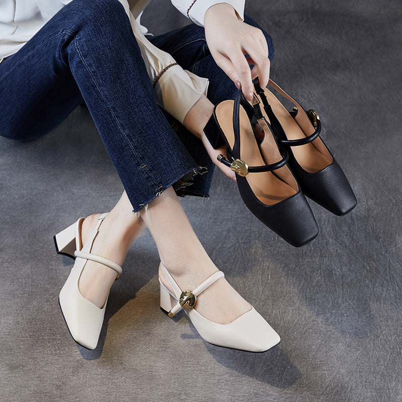 Women Minimalism Plain Leather Round Toe Pump Sandals-RAIIFY