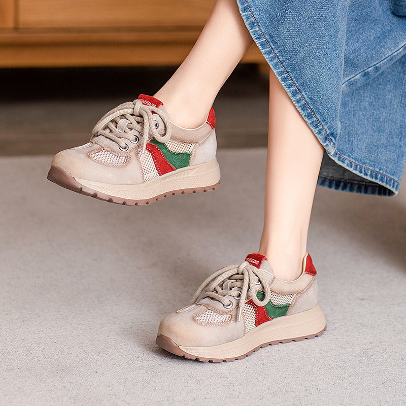 Women Fashion Patchwork Leather Hollow Mesh Casual Shoes-RAIIFY