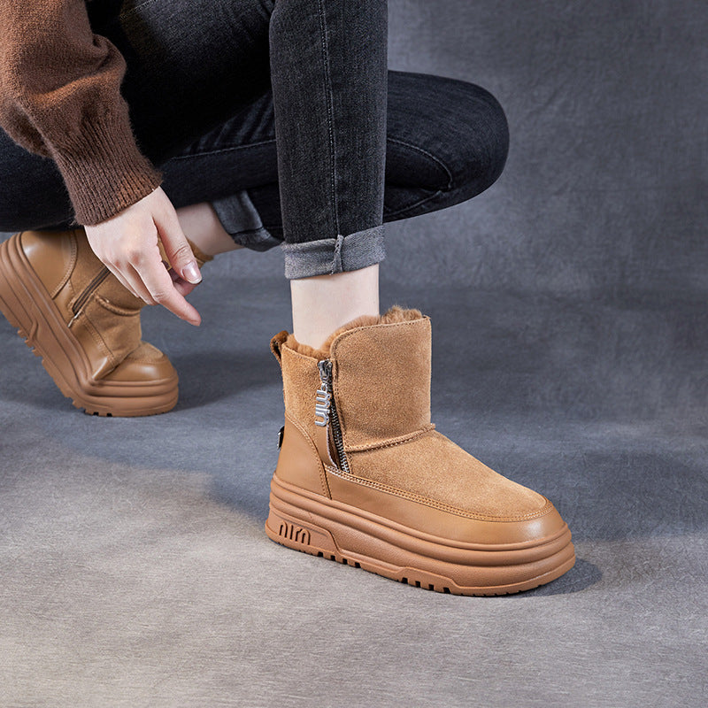 Women Retro Solid Suede Chunky Platform Ankle Snow Boots-RAIIFY