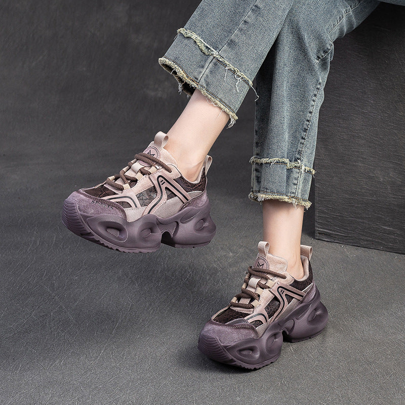 Women Casual Color Matching Leather Chunky Platform Sneakers-RAIIFY