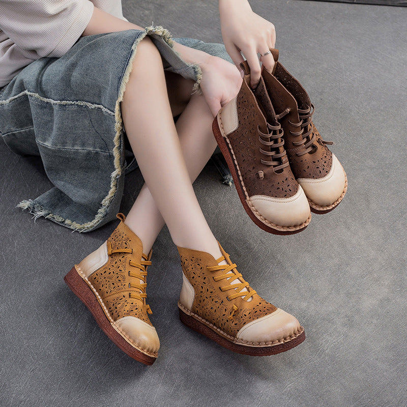 Women Hollow Soft Leather Flat Ankle Boots-RAIIFY