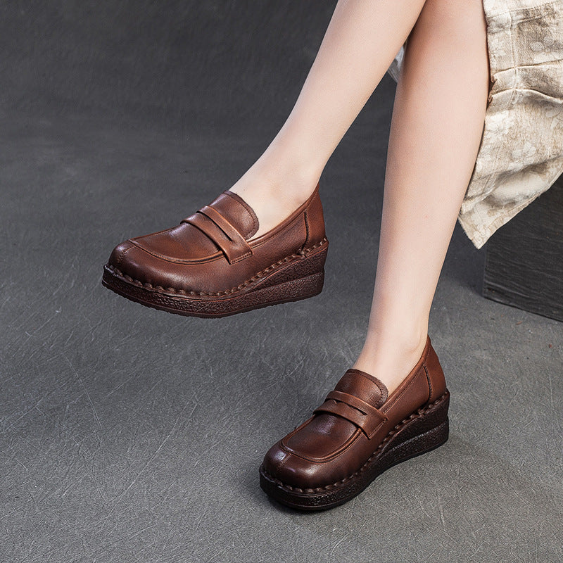 Women Minimalism Solid Leather Wedge Loafers-RAIIFY