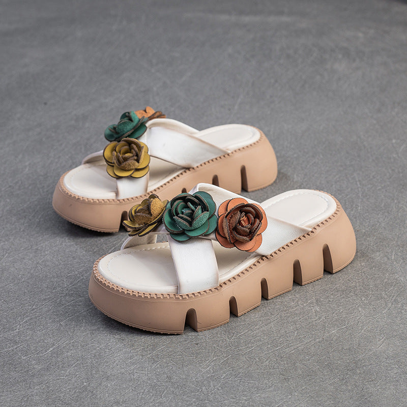 Women's Retro Leather Flower Platform Casual Slides-RAIIFY