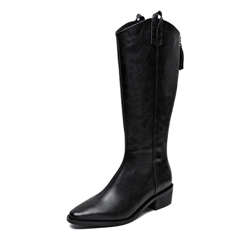 Women's Vintage Leather Pointed Toe Knee High Riding Boots-RAIIFY