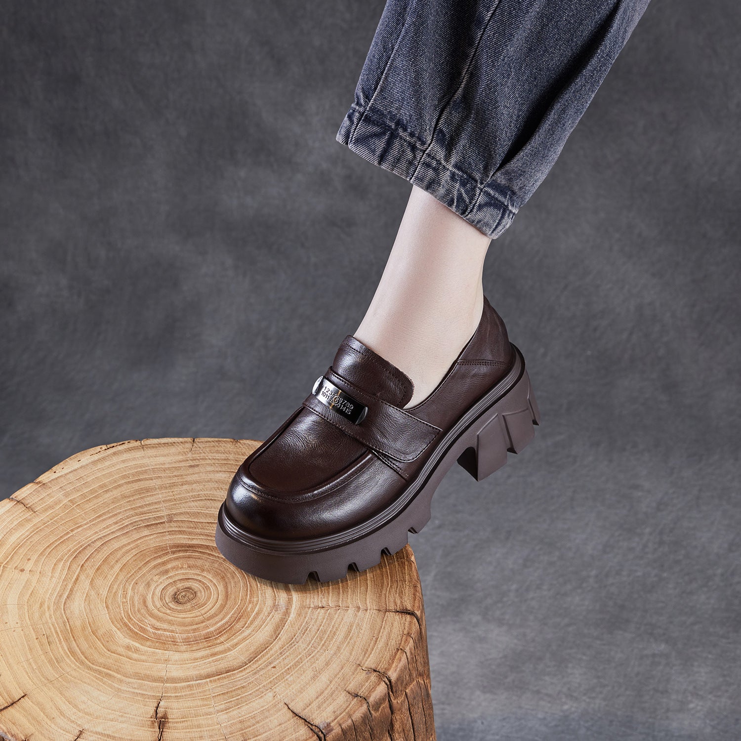 Women's Vintage Leather Metal Buckle Platform Loafers-RAIIFY