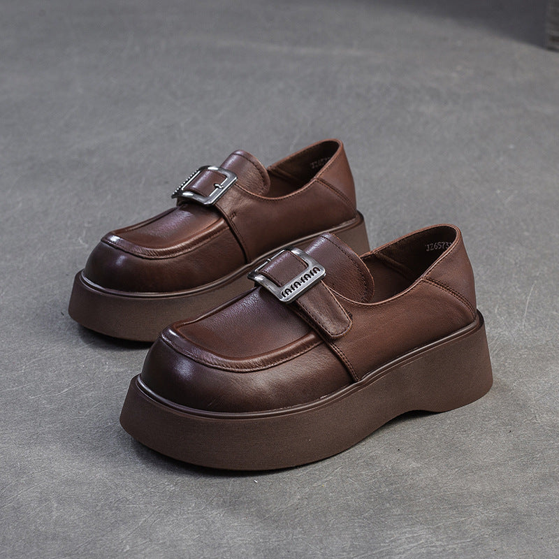 Women Minimalism Solid Leather Platform Casual Loafers-RAIIFY