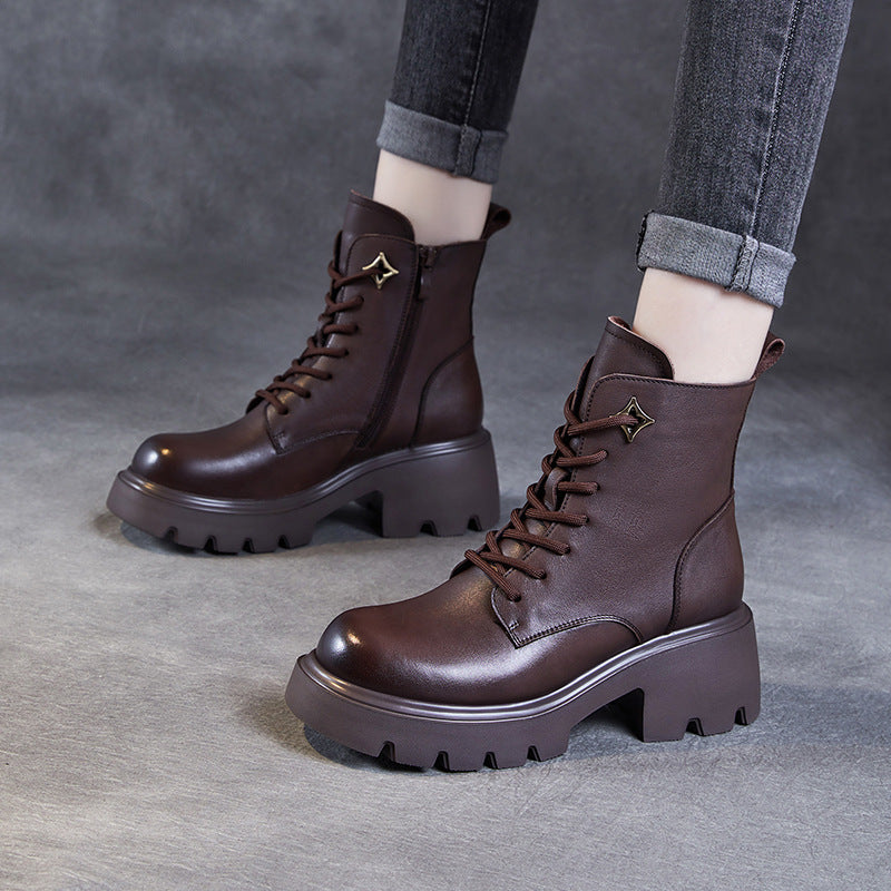 Women Vintage Minimalism Leather Platform Boots-RAIIFY